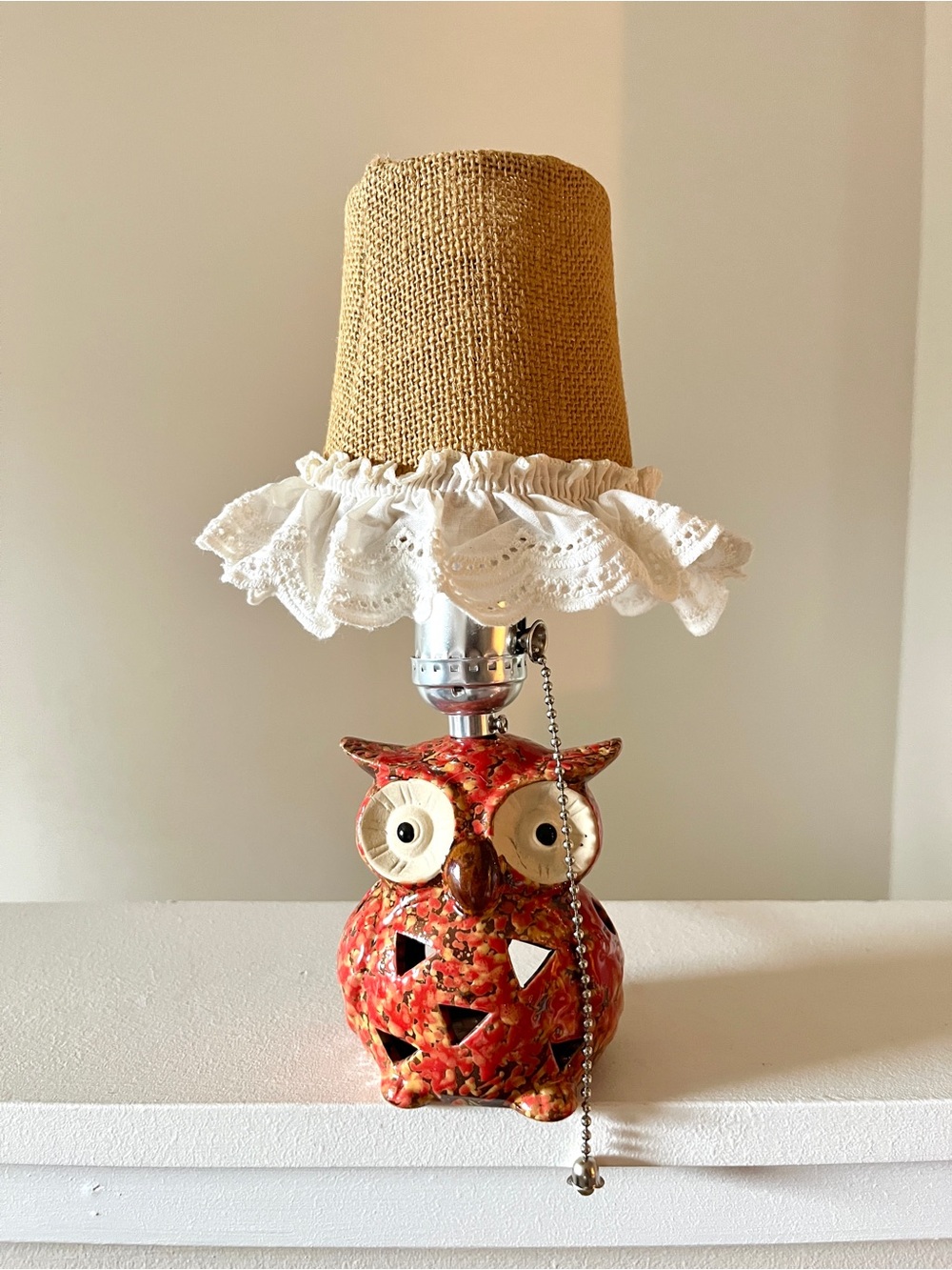 Handmade Ceramic Owl Table Lamp in Red and Orange